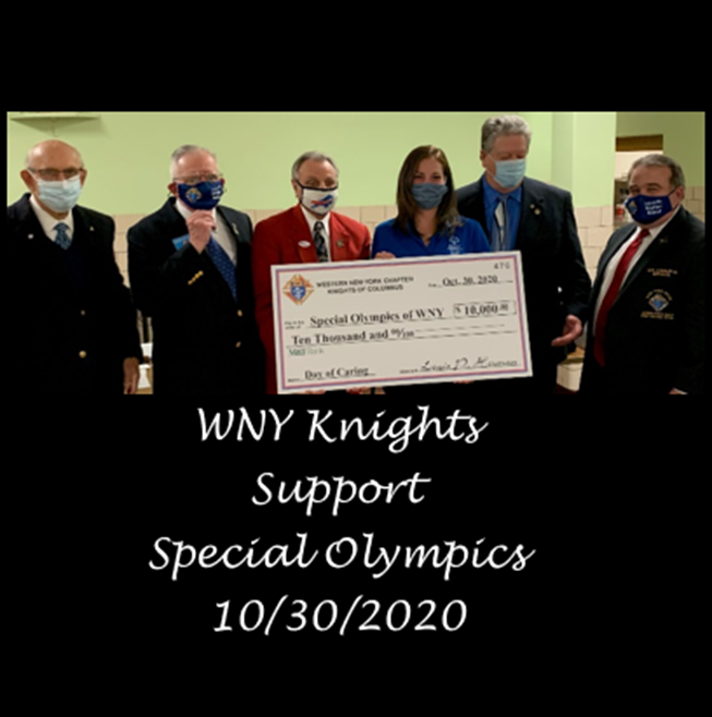 Five men presenting an oversized check to a woman, as the WNY knights support the Special olympics on October 19, 2020