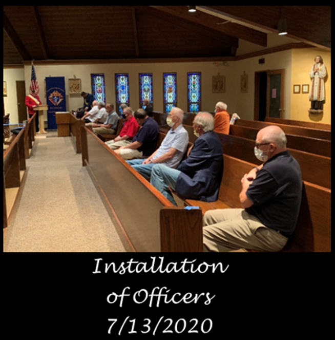 A group of men in pews at a church during the installation of officers on July 13, 2020.