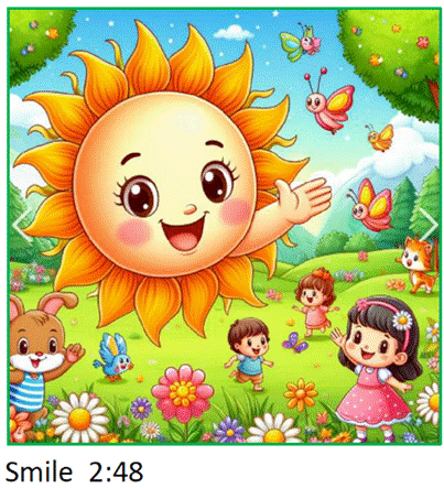 Cartoon sun and kids in a garden

Description automatically generated