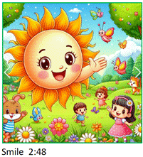 Cartoon sun and kids in a garden

Description automatically generated